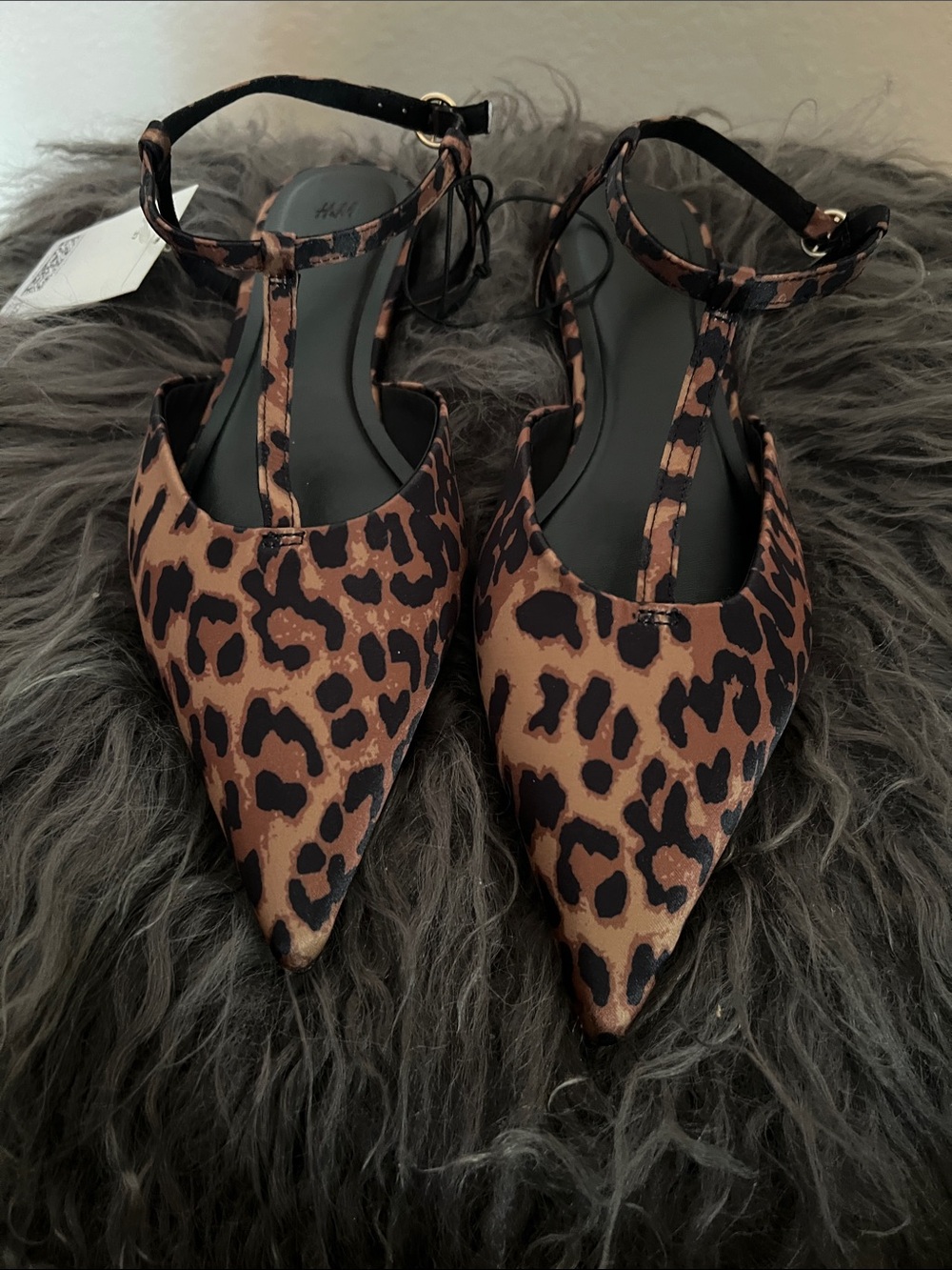 H&M Leopard Print Pointed T-Strap Flats - Brown/Black